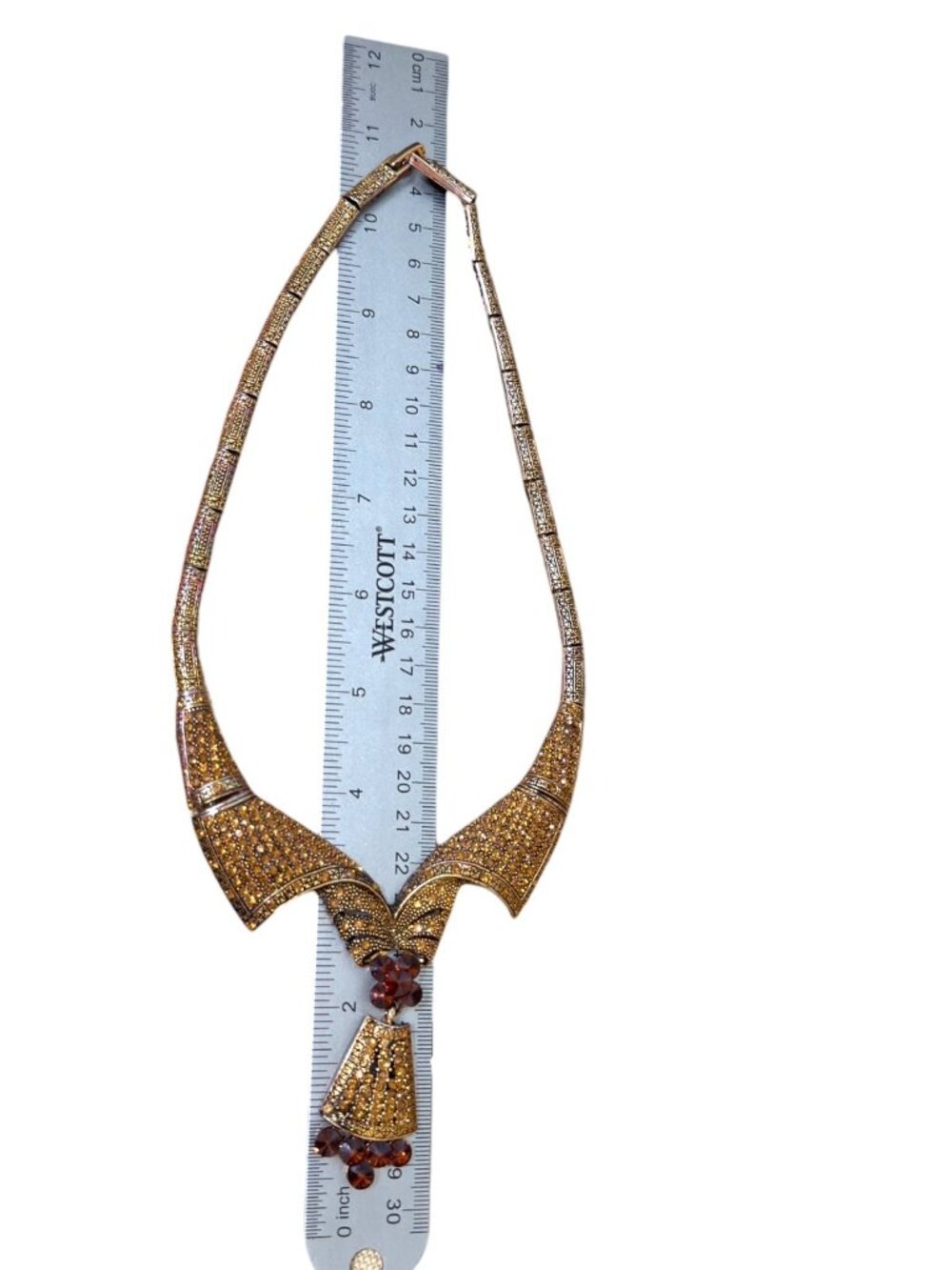 Vintage Gold-Tone Ornate Necklace With Amber Crystal Pendant & Intricate Details - Picture 2 of 11